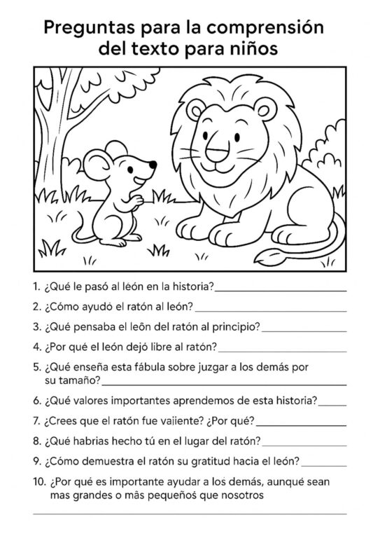 Fabula El Leon Y El Raton. Ficha Comprension Lectora
