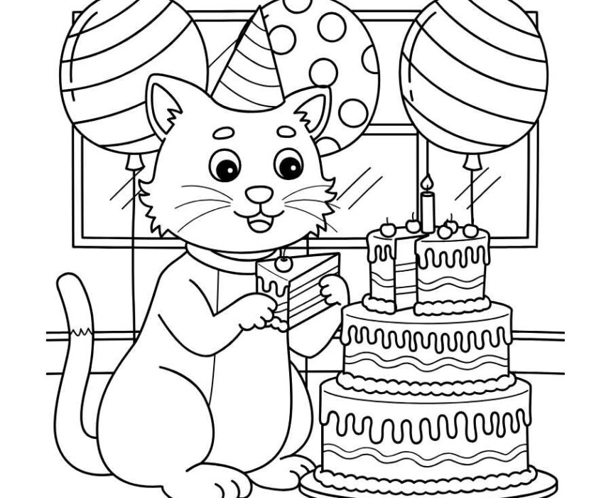 dibujo para colorear gato fiesta de cumpleanos