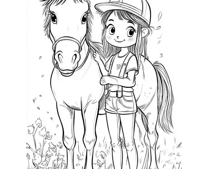 dibujo para colorear de caballo con niña amazona