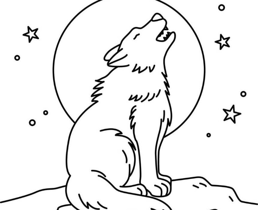 dibujo para colorear de lobo aullando a la luna
