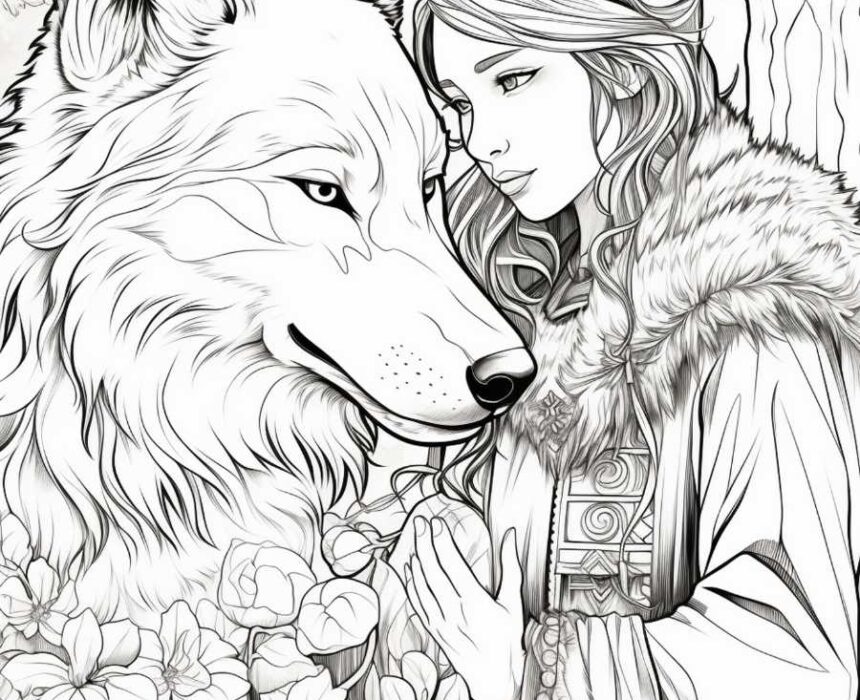 dibujo para colorear de lobo con mujer realista