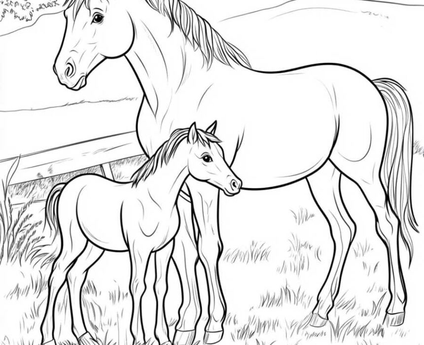 dibujo para colorear de yegua con potro