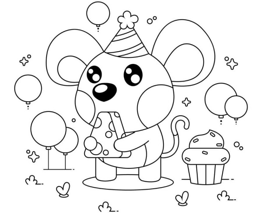 dibujo para colorear ratón en fiesta de cumpleanos